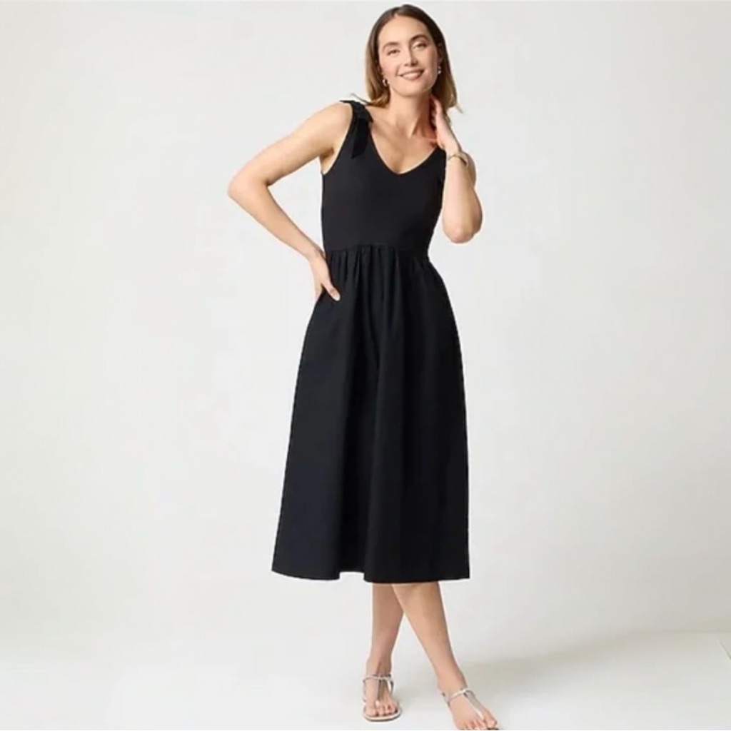 J.Crew Midi Dress Ribbed Top And Pockets Shoulder Bow Detail Size Large